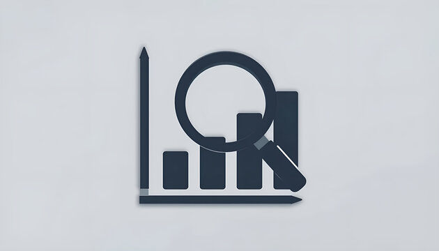 3D Data Analysis Graph Icon with Magnifying Glass and Pencils for Reporting