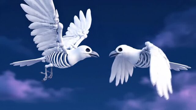 Skeletal Birds in Flight - This video shows two stylized, white birds in flight against a blue, cloudy sky. Their bodies are partially skeletal, with visible rib cages and bone structures.