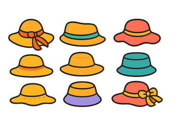 Colorful collection of summer hats displayed in a neat grid for a cheerful seasonal fashion theme