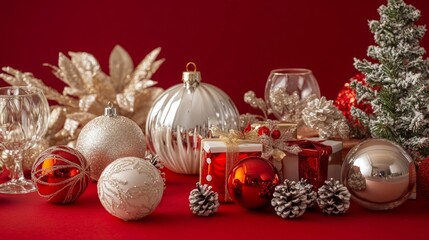 Christmas Decoration Gift Box Red Ribbon Bows Green Background Flat Lay Top View Copy Space