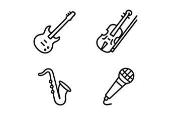 Musical instruments in simple line art style showcasing guitar, violin, saxophone, and microphone for creative projects
