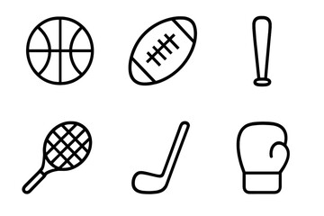 Collection of sports equipment including basketball, football, baseball bat, tennis racquet, hockey stick, and boxing glove on a simple background