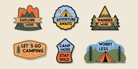 Collection of six outdoor adventure and camping themed patches with inspirational quotes