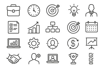 Collection of business-related icons representing various aspects of productivity and planning in a work environment