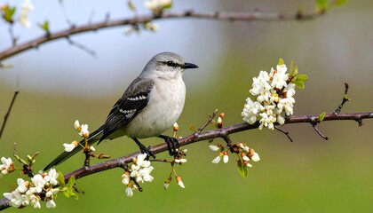 Gray bird perched on flowering branch
