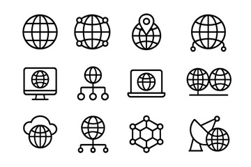 Multiple icons representing global connectivity and technology displayed in a structured format