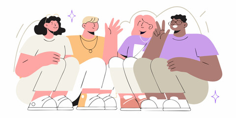 Diverse group of young friends sitting together and smiling with a friendly vibe