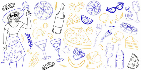 Whimsical doodle illustration of a woman enjoying food and drinks with summer picnic elements
