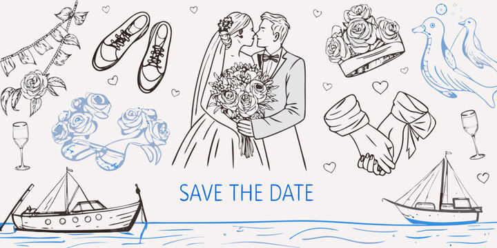 Charming hand drawn wedding elements and save the date message with boats and doves