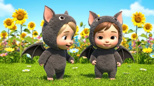 Two Children in Bat Costumes in a Field - Two animated children wearing fluffy gray bat costumes stand in a field of grass and flowers. Sunflowers are visible in the background against a blue sky.