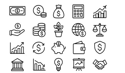 Icons representing financial concepts with money, investment, and growth displayed in a grid layout for educational purposes