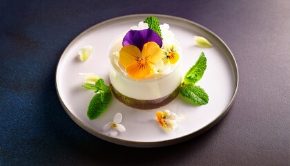 Creamy Dessert Topped With Edible Flowers And Mint Leaves Creating Fresh And Elegant