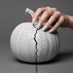 Surreal Halloween concept with a woman's hand and a stylish white cracked earth manicure. A matching broken pumpkin has a crack that extends onto the minimalist grey background