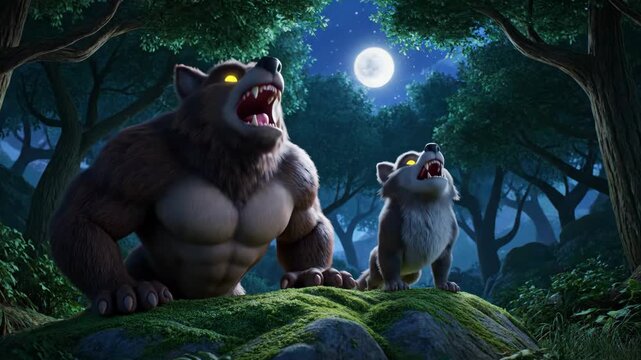 Cartoon Werewolves Howling at the Moon - This video depicts two cartoon werewolves howling at the moon in a dark forest.