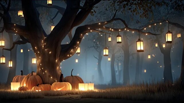Halloween night scene with pumpkins and lit lanterns hanging from trees in the forest