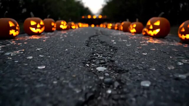 Spooky pumpkin parade on dark asphalt road for festive Halloween celebration, a hauntingly beautiful scene to capture the eerie spirit of the season