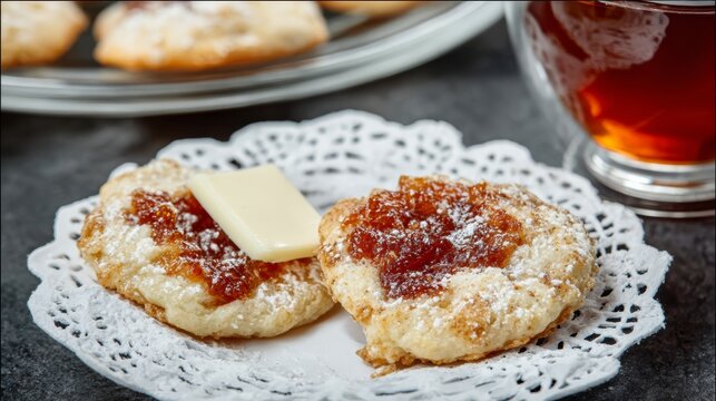Delightful Czech kolache pastries with fruit jam and cheese served on lace doily alongside hot tea in warm lighting