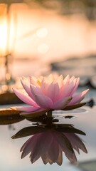 Beautiful pink lotus flower on water at sunset