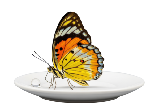 A Great Nawab butterfly with vibrant yellow, orange, black, blue-grey wings on a matte white plate with a dewdrop, isolated on transparent, pristine beauty concept.