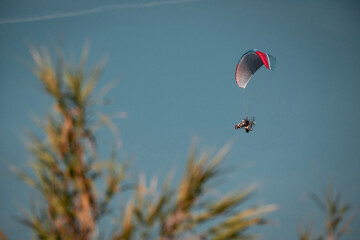 A powered paraglider with a colorful wing soars through the clear sky above the countryside, blending adventure with freedom and tranquility.