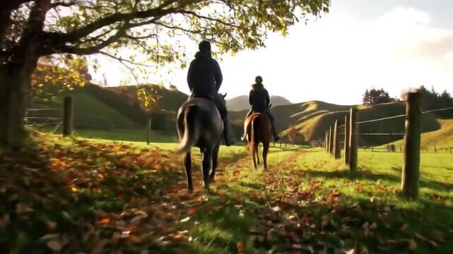 Two people riding horses through a scenic countryside landscape at sunset.