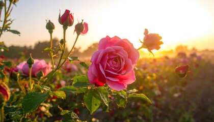 Beautiful pink roses in a misty sunrise garden