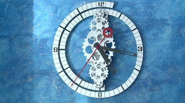 A detailed clock face with visible white gears rotates quickly against a textured blue wall background. Animated time lapse showing the speed of time passing. - Powered by Adobe