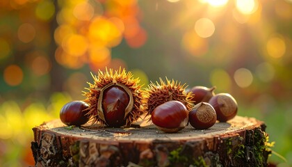 Autumn chestnuts on a tree stump