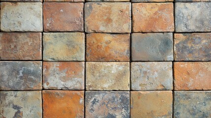 Earthenware clay background weathered ceramic tiles seamless pattern natural aging patina warm earth tones overhead view rustic texture backdrop design