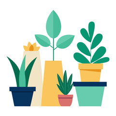 Illustrate various plant pots with indoor plants, in a minimalistic design, on a white background.