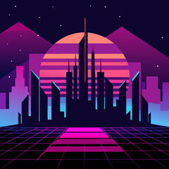 Create a futuristic skyline with sharp lines and neon colors for a cyberpunk-inspired look.