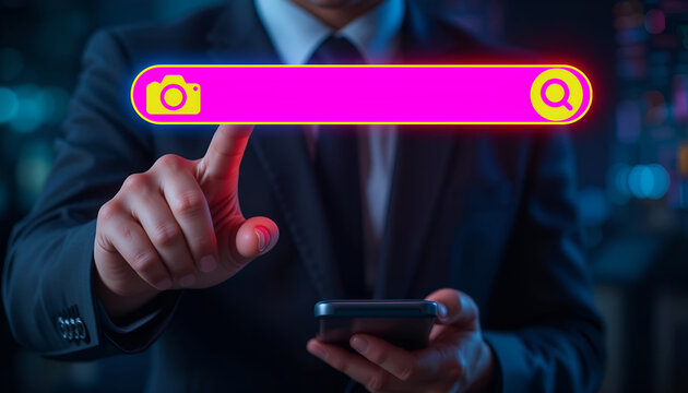 Businessman Tapping Blank Neon Pink Visual Search Bar Interface