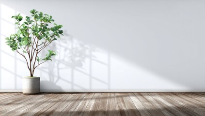 A minimalist interior scene, showcasing a potted plant casting shadows on a light gray wall, accented by wooden flooring.