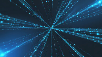 Abstract Data Stream Visualization with Glowing Blue Particles and Lines Emanating from a Central Point for Futuristic Technology