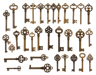 Antique brass keys in various patterns