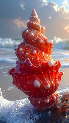 Beautiful seashell on a beach at sunrise