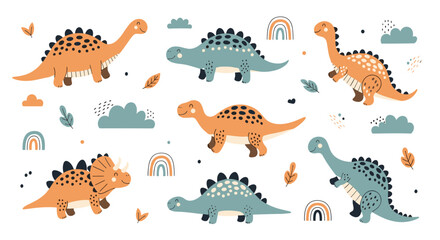 A collection of adorable cartoon dinosaurs in a playful natural setting.