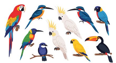 A diverse collection of vibrant tropical birds perched on branches.