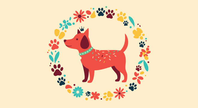A cute red dog wearing a collar surrounded by a floral wreath and paw prints.