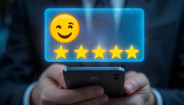 Winking Emoji and Four-Star Rating on Digital Customer Review Screen
