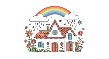 Fototapeta premium Charming cottage with rainbow and floral garden design.