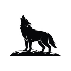 Dramatic silhouette of a wolf howling at the moon on rocky terrain
