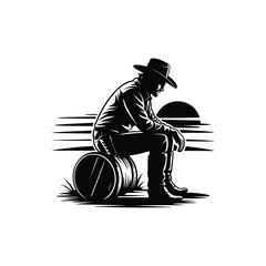 Contemplative cowboy silhouette sitting on a barrel under the setting sun