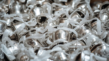 Shiny silver jingle bells stacked together in festive holiday decoration

