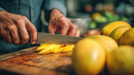 Chef skillfully slices fresh mango on a wooden cutting board in a bustling kitchen