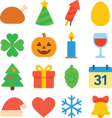 Bright holiday and celebration icons featuring Christmas tree, gift box, pumpkin, candle, wine glass, clover, party hat, turkey, and calendar. Perfect for seasonal and festive projects.