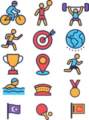 Sports and fitness icons with trophy, medal, running, goal target, map location, globe, and sports symbols. Ideal for athletics, games, competition, training, and health projects.