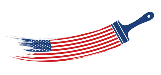 Flag of United States of America with color paintbrush or paintbrushes with brush stroke. Vector flags. Flag of USA with paint brush silhouette. Grunge brush strokes painted national country flag