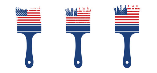 Flag of United States of America with color paintbrush or paintbrushes with brush stroke. Vector flags. Flag of USA with paint brush silhouette. Grunge brush strokes painted national country flag