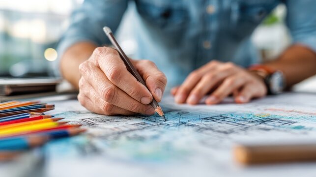 Creative designer sketching architectural plans with colored pencils at a workspace in bright natural light